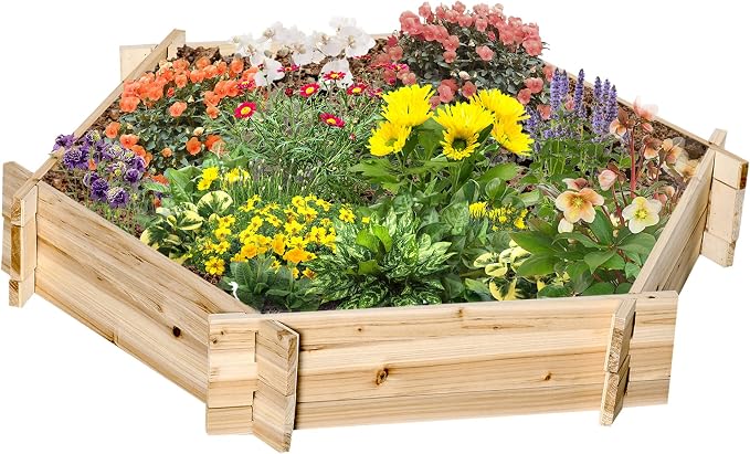 Outsunny Wooden Raised Garden Bed, Hexagon Screwless Outdoor Planter Box Plants, Vegetables, Flowers, Herbs, 39" x 36" x 6", Natural Wood