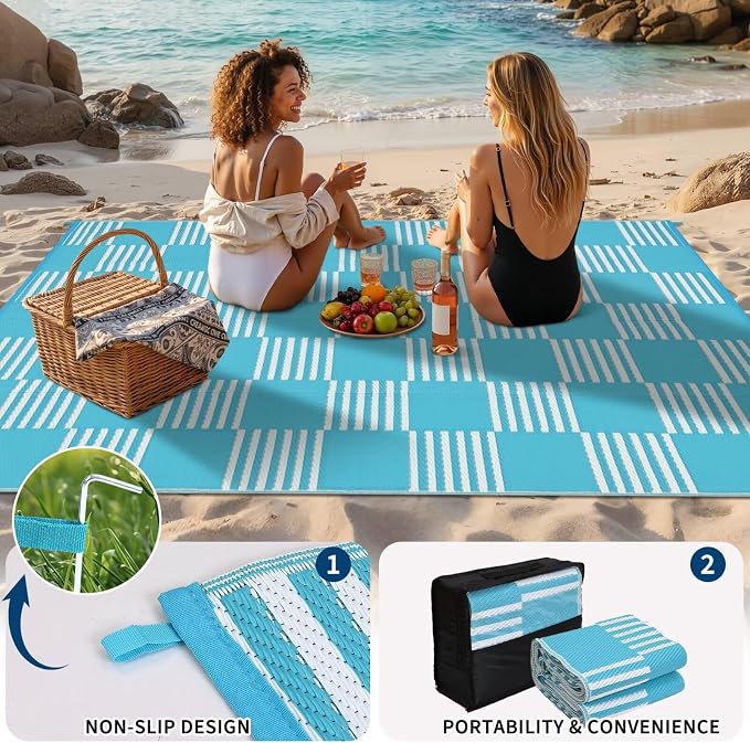 Garvee Waterproof Outdoor Rug 6x9, Checkered Foldable Plastic Straw Patio Camping Rug, Outdoor RV Carpet for Deck Camper Porch Balcony Backyard Picnic Beach Blue and White
