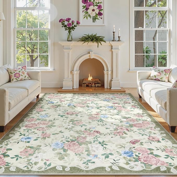 Lahome Cream and Green Vintage Floral 8x10 Rug for Living Room | Large Boho Area Rug Machine Washable, Low Pile Bedroom Rug for Office, Playroom, Dining Room, Nina