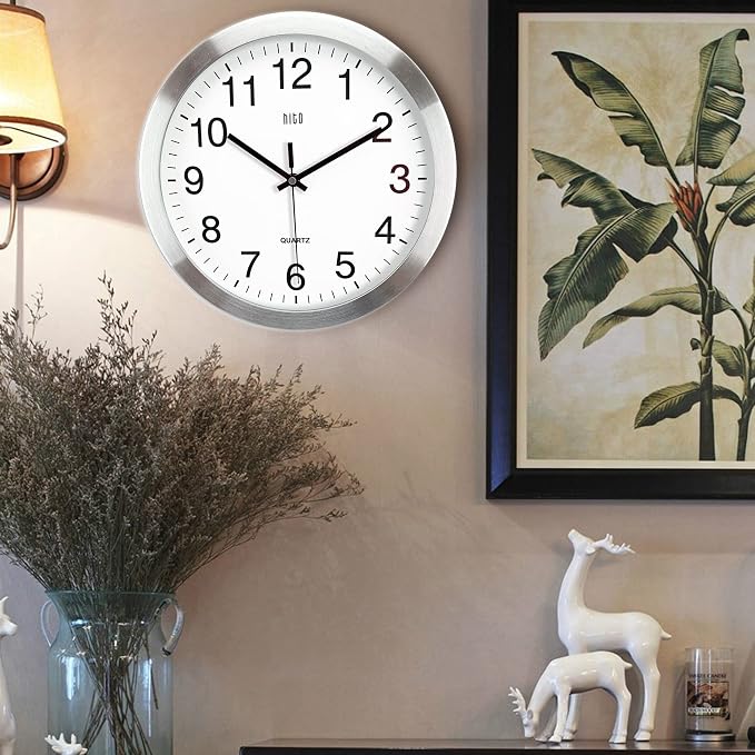 HITO 12 Inch Silent Wall Clock Battery Operated Non Ticking Glass Cover Silver Aluminum Frame, for Kitchen, Bedroom, Home Office, Living Room Decor