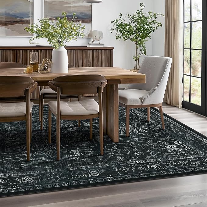 Distressed Black Rugs for Living Room 6x9, Low Pile Thin Area Rugs for Bedroom Manchine Washable Non Slip, Dark Medallion Pinted Carpet for Dining Room Guest Room Home Office