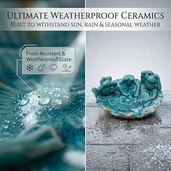 Topadorn Ceramic Bird Bath for Outside, 11.6" Frog Bird Bath with Unique Crackle Reactive Glaze, Decorative Garden Birdbath for Patio, Lawn & Backyard Decor