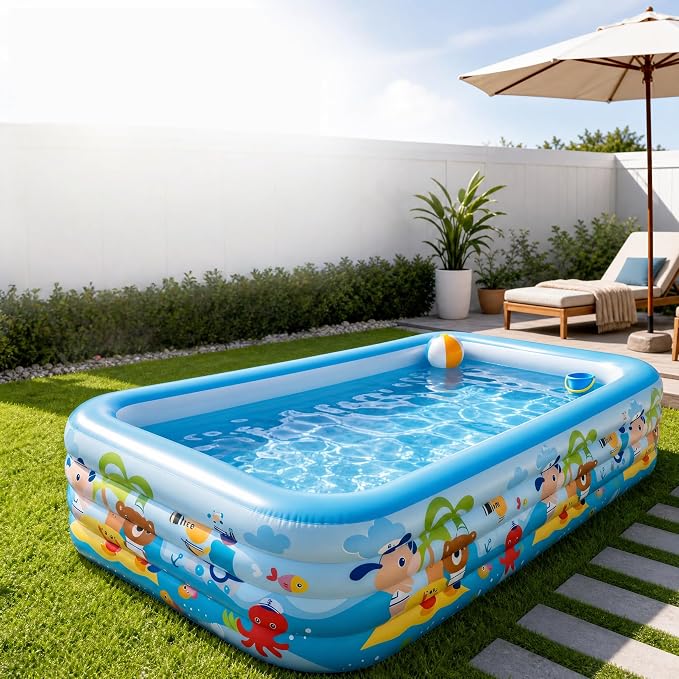 Heavy Duty 4-Ring Inflatable Family Pool 118x69x26 Inches Blow Up Swimming Pool for Backyard Garden Summer Water Party