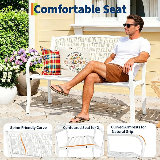 50" Outdoor Metal Garden Bench, Patio Steel Bench with Curved Backrest, Decorative Pattern, Weather-Resistant Porch Bench for Yard, Park, Deck, Backyard