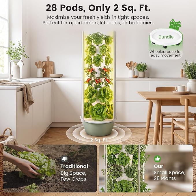 BAOSHISHAN Hydroponic Growing Tower with LED Grow Light, 7 Tiers 28 Pods | Full Spectrum Vertical Hydroponics Growing System, with 30L Water Tank, Beginner-Friendly, Ideal for Lettuce Herbs Vegetables