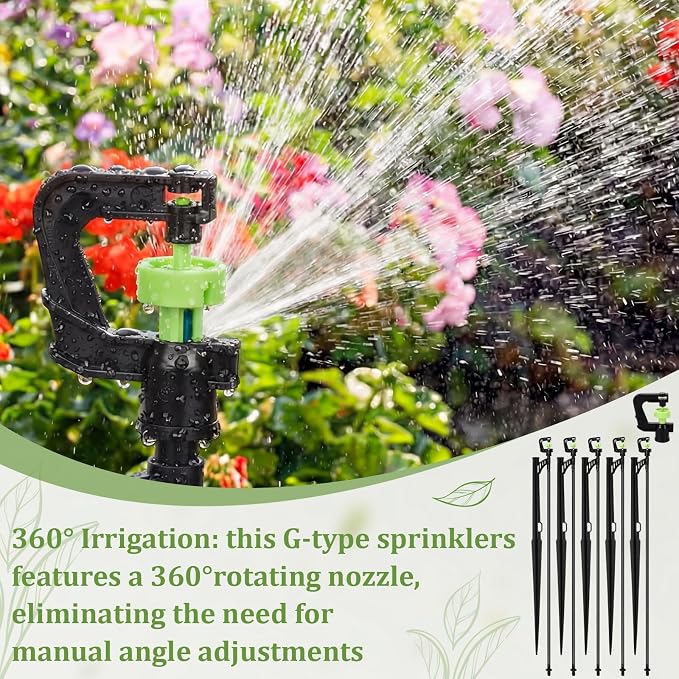 Briwooody 24 Sets 360 Degree Irrigation Sprinkler Heads with Stake Drip Micro Spray Emitters G-Type Adjustable Sprinkler Nozzle with Irrigation Tubing on Riser Stake for Garden Flower Plants Watering