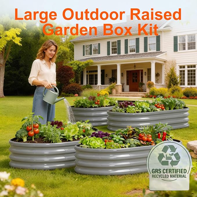 Rakukiri Raised Garden Bed Outdoor, GRS Certified Recycled Metal Planter Box 2 Sets, 4FT Galvanized Oval Herb Garden Kit, Bottomless Large Garden Beds for Vegetables Flowers, Rust-Resistant Gray