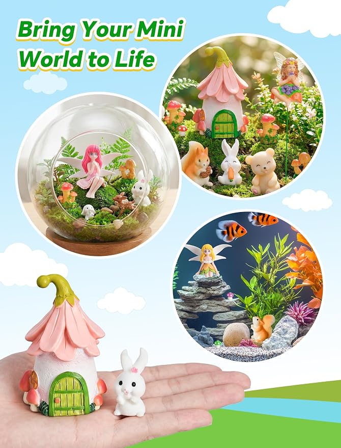 50-Piece Mini Fairy Garden Accessories Kit, Resin Fairy House (3.1" H) with 49 Miniature Figurines - Animals, Mushrooms and Fairies for DIY Terrarium, Planter, Flower Pot and Desktop Decor