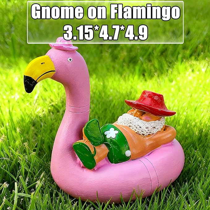Teaeeno Garden Gnome on Flamingo - Funny Gnome Figurine - Cute Gnome Lawn Statue - for Outdoor or House Decoration