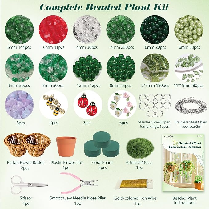 Ecoofor Green Beads Beaded Plant Kit, Makes 3 Plant Pots, Glass & Crystal Leaf Pieces, Video Tutorials Included, Handmade Gift for Plant Lovers, Beaded Plant Kit
