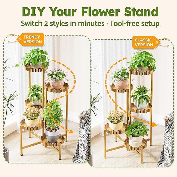 5 Tier Large Plant Stand Indoor, 7.9 Inch Wide Tall Corner Metal Plant Stands Outdoor for Multiple Plants, Foldable Tiered Flower Display Holder Rack Shelf for Patio Porch Balcony -GoldFloroma