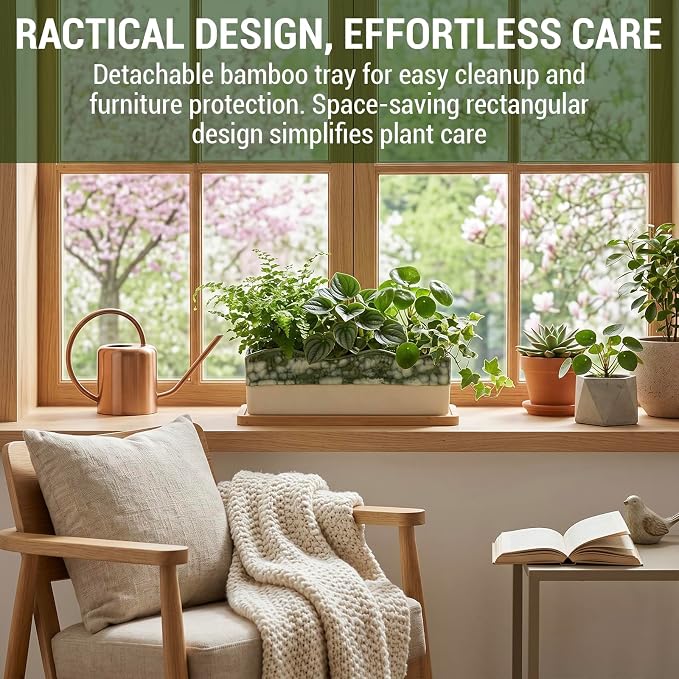 MyGift Rectangular Succulent Planter - Decorative Beige and Green Ceramic Glazed Plant Container Pot with Removable Bamboo Tray