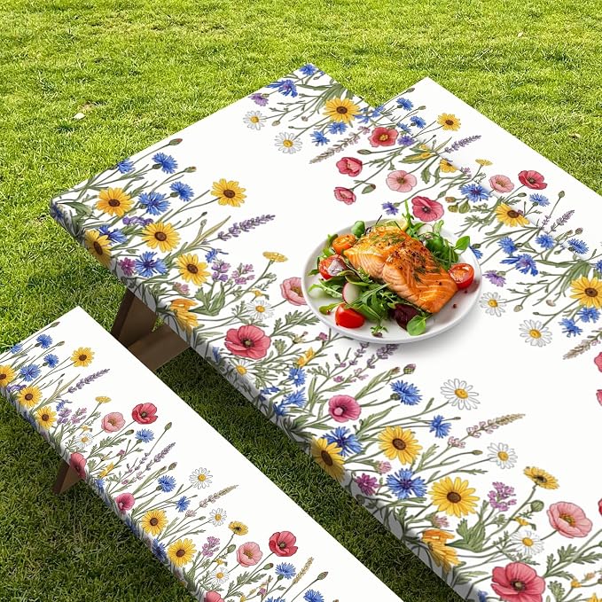 Picnic Table Cover with Bench Covers Elastic Edges, Wildflower Floral Camper Fitted Table Cover, Outdoor Camping Essentials 72 Inch 3PCS, Waterproof Camping Fitted Tablecloth with Drawstring Bag