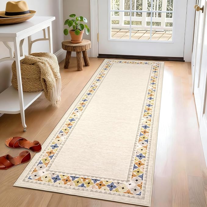 Garvee 2x6 Tribal Border Kitchen Rugs Washable Rugs for Hallway, Beige | Floral Border Area Rug Stain Resistant Easy Cleaning Throw Rugs Low Pile Floor Cover for Bedroom Laundry