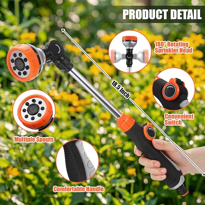 Hushee 2 Pack 18.5-Inch Metal Watering Wand with 180° Rotating Head, 8 Adjustable Spray Patterns & Thumb Control Nozzle – Perfect for Hanging Baskets, Shrubs & Plants, Durable Garden Hose Sprayer