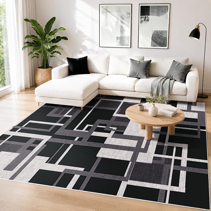 Modern Geometric 6x9 Area Rugs for Living Room, Charcoal Black Washable Rug | Abstract Patchwork Blocks Non-Slip Indoor Carpet for Bedroom Dining Room Office | Black White Grey Soft Low-Pile Large Rug