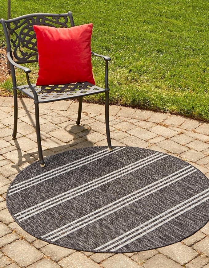 Unique Loom Outdoor Collection Area Rug - Anguilla (3' 1" Round, Charcoal/ Ivory)