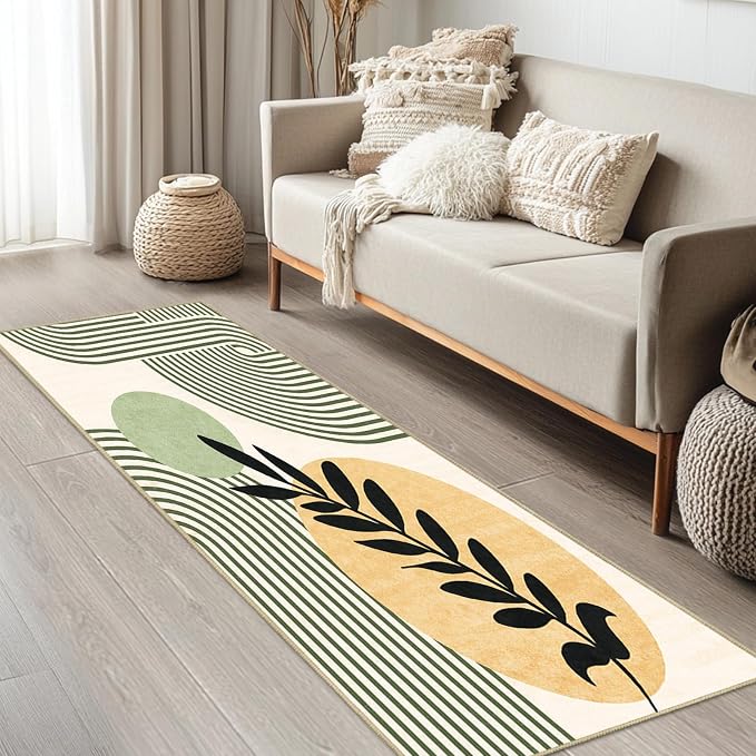Green Boho Rug 2x6 Hallway Runner Rugs Mid Century Modern Rugs | Washable Geometric Tropical Leave Rug Low Pile Non-Slip Abstract Long Carpet for Kitchen Bedroom Doorway Bathroom Laundry