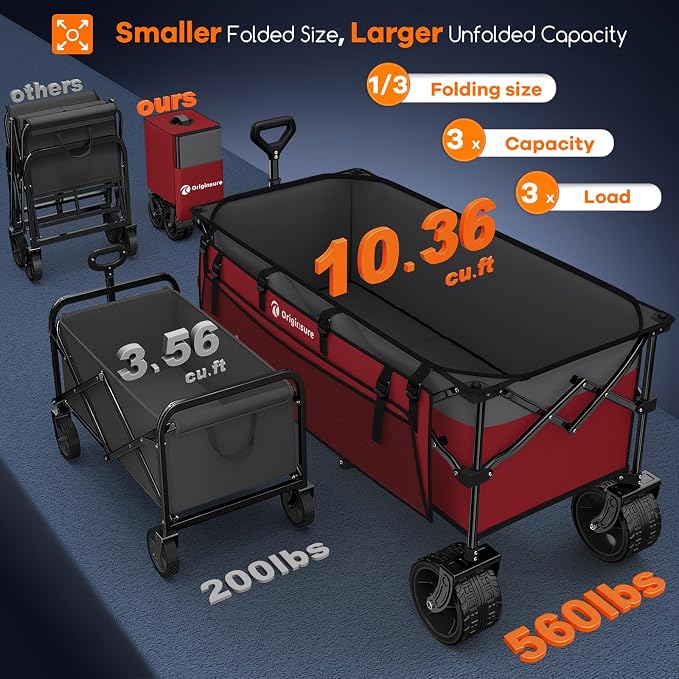 Originsure 48" L Collapsible Wagon Cart Foldable, 560lbs Weight Capacity 300L Heavy Duty Folding Beach Wagons with Big All-Terrain Wheels, Utility Carts for Groceries, Camping, Sports - Grey&Red