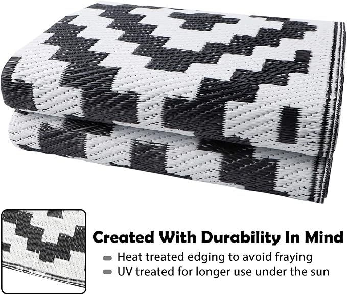 SAND MINE Waterproof Outdoor Rug 5x8 ft, Plastic Reversible Rug, Modern Area Rug, Large Floor Mat for Outdoors, RV, Patio, Backyard, Deck, Picnic, Beach, Camping (5' x 8', Black & White Lattice)