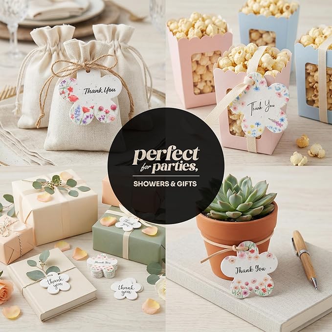 24Pcs Plantable Flower Thank You Tags with Wildflower Seeds - 4 Floral Designs (6 Each) Writable Favor Tags for Birthdays, Weddings, Bridal Shower, Mom Gifts, Party Favors & Gift Wrapping