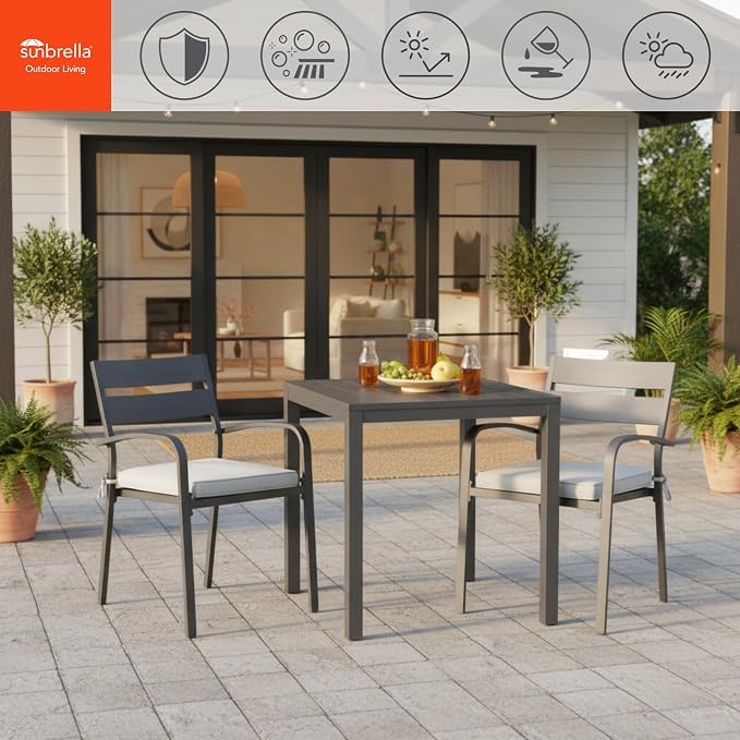 Indoor/Outdoor Chair Pads in Sunbrella Fabric – 17''x17'' Patio Seat Cushions with Foam Insert, Removable Reversible Cover & Ties for Patio Dining Chairs – Set of 2 or 4, Canvas Granite