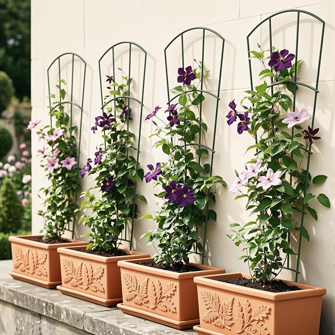 Thealyn 4 Pack 56" Metal Plant Trellis for Pots & Garden Beds, Rustproof Support for Indoor Outdoor Climbing Plants, Vines, Flowers, Fan Shaped, Green