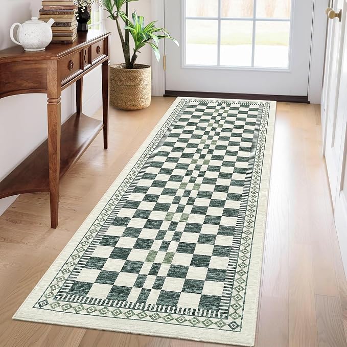 GarveeHome 2x6 Runner Rug for Bathroom Modern Abstract Checkered Carpet | Contemporary Non-Slip Low Pile Throw Rugs Easy-Clean Sage Green Long Runners Premium Soft Area Rug for Kitchen Hallway