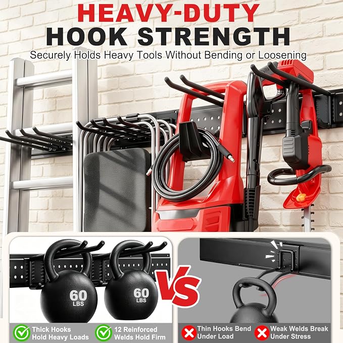 Garage Tool Organizer Wall Mount 66 inches with 13 Adjustable Heavy-Duty Hooks, Garage Organization, Garden Tool Storage Rack, Yard, and Shed, Holds Up to 520 lbs