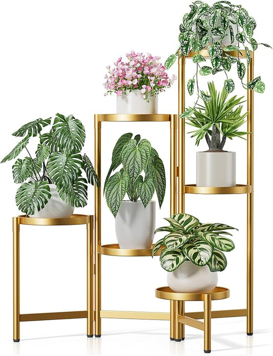 6 Tiered Plant Stand Indoor for Multiple Large Planter, Tall Heavy Duty Adjustable Folding Rack with Rustproof 7.9 Inch Wide Tray, Plant Shelf for Corner Living Room - GoldDisk