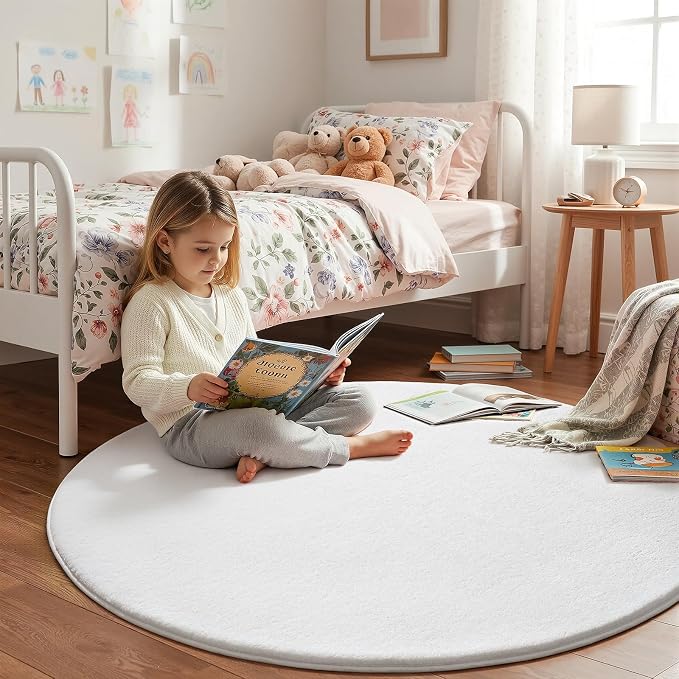 Amearea White Round Area Rugs 5ft Circle Rugs for Bedroom Living Room | Washable Fluffy Indoor Thickened Memory Foam Rug, Non Slip Minimalist Circular Carpet for Boys Girls Dorm Nursery Room Decor
