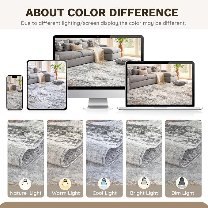 DMOYEST 8x10 Area Rug for Living Room Washable Abstract Indoor Carpet | Neutral Modern Low Pile Rugs Kid & Pet Friendly Large Soft Thin Carpet for Bedroom Dining Room - Grey/Orange/Yellow