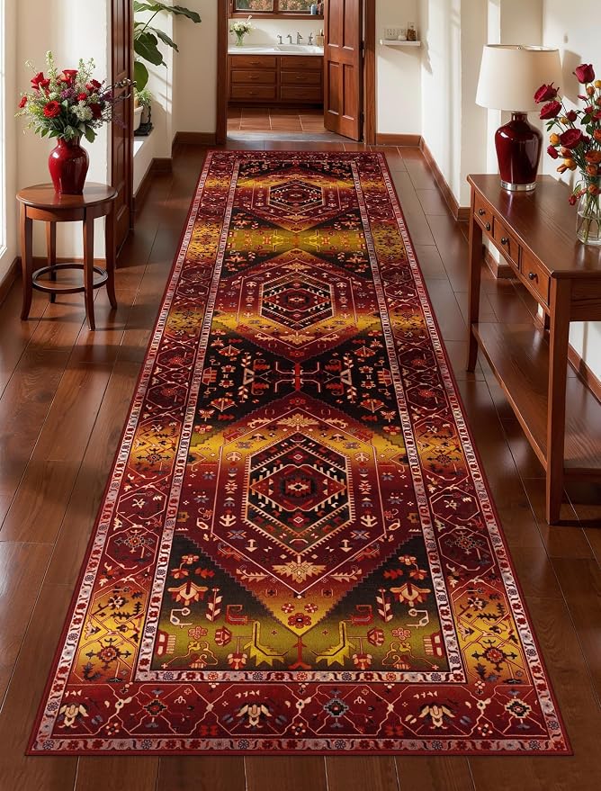 SERISSA 2'6"x10' Washable Non Slip Boho Runner Rug for Hallway | Ultra Soft Vintage Oriental Carpet Low-Pile Rustic Red Gold Floor Carpet for Kitchen Bedroom Bathroom Laundry Room