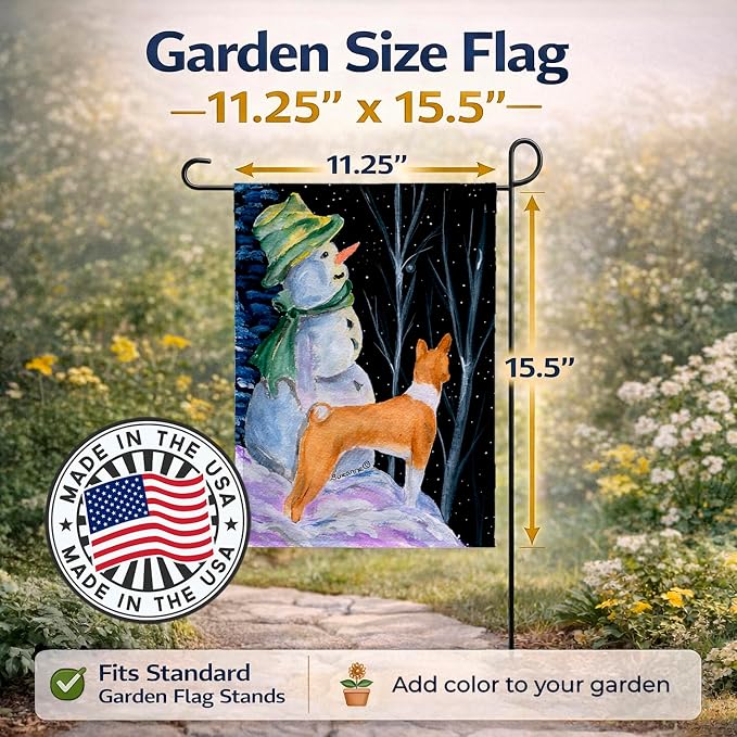 Caroline's Treasures SS8556GF Snowman with Basenji Garden Flag Mailbox Flag Decorative Yard Flag Banner Outside Patio Artwork Yard Flower Beds, Garden Size, Multicolor