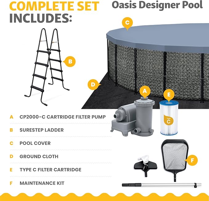 Funsicle Oasis Designer 22' x 52" Round Above Ground Swimming Pool, with CP2000-C Filter Pump, Ladder, Maintenance Kit, Cover, Ground Cloth & Repair Patch, Dark Herringbone