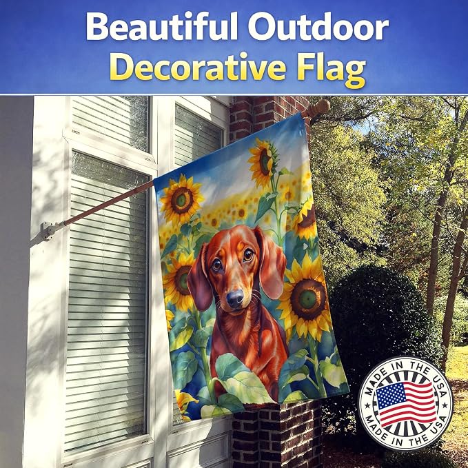 Caroline's Treasures DAC6065CHF Dachshund in Sunflowers House Flag Large Porch Sleeve Pole Decorative Outside Yard Banner Artwork Wall Hanging, Polyester, House Size, Multicolor