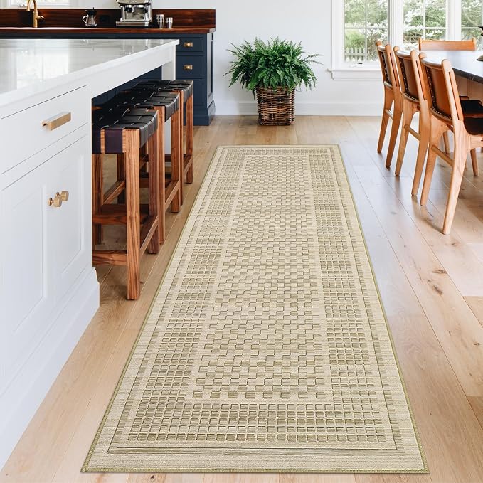 GarveeHome Washable Runner Rug 2x8 Runner Modern Non Slip Kitchen Runner Geometric Low Pile Entryway Rug Soft Bathroom Rugs Stain Resistant Carpet for Bedroom Hallway Laundry 2 ft x8 ft Beige
