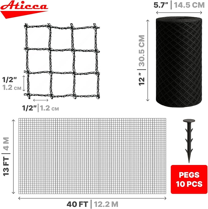ATICCA Heavy Duty Bird Netting for Garden Protection & Fruit Trees, 13x40 Ft with 10 Stakes – Black Anti-Bird Net for Poultry, Deer, & Squirrel Protection, Durable Mesh for Garden and Yard Use