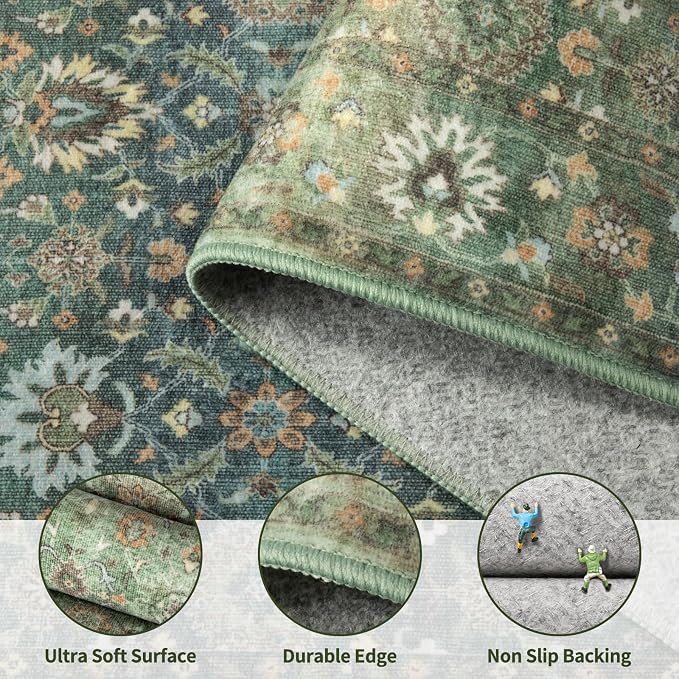 Ciicool Green Boho 4x6 Rug for Living Room Floral Indoor Non-Slip Carpet Soft Low Pile Bedroom Dining Room Washable Area Rugs Suitable for Playroom Laundry Office Home Decor