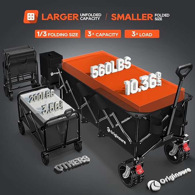 48" L Folding Beach Wagon Cart Foldable, 560lbs Weight Capacity 300L Heavy Duty Collapsible Wagons with Big All-Terrain Wheels, Utility Carts for Groceries, Shopping, Camping, Sports - Black