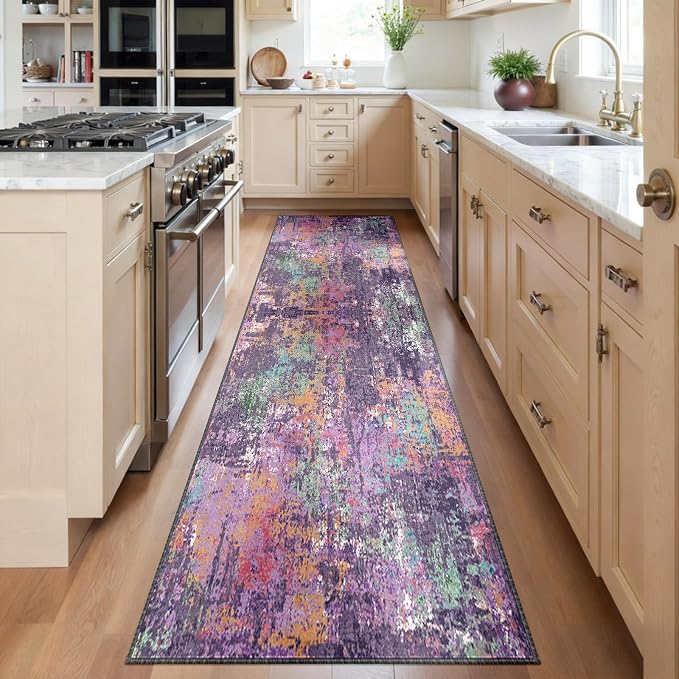 RELEANY Washable Runner 2'x6' Abstract Area Rug for Hallway Purple Multi | Carpet for Kitchen, Entryway, Bathroom, Living Room, Bedroom, Printed Pattern, Non‑Slip, Soft, Stain‑Resistant, Easy to Clean