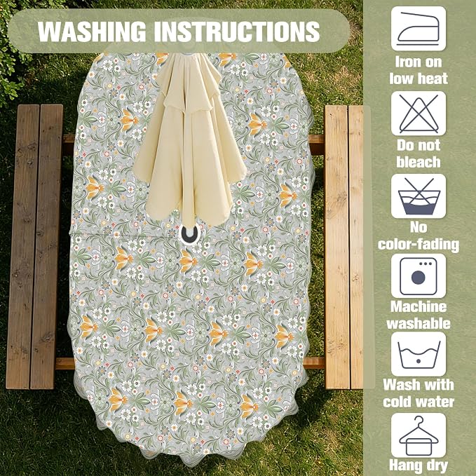 Green Print Outdoor Oval Tablecloth with Umbrella Hole 60" x 102" Waterproof Zipper Table Cloth for Patio Table - Ideal Tablecloths for Picnics, Camping, and Yard Use