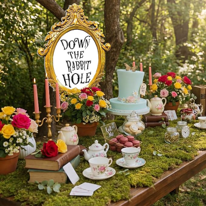 Preboun Wonderland Tea Party Decor Outdoor 11.81 x 8.66'' Down The Rabbit Hole Garden Decor Yard Sign Vintage Waterproof Gold Oval Mirror Tea Party for Wonderland Birthday Baby Shower Lawn Garden