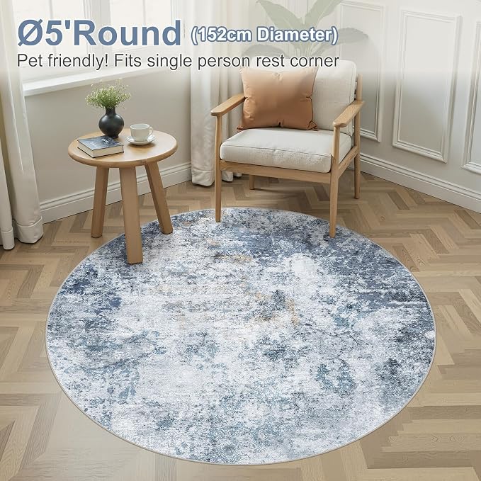 DMOYEST 5ft Round Area Rug for Living Room Washable Non Slip Circle Rug | 5x5 Neutral Modern Abstract Low Pile Rugs Kid & Pet Friendly Soft Carpet for Bedroom and Dining Room - Blue