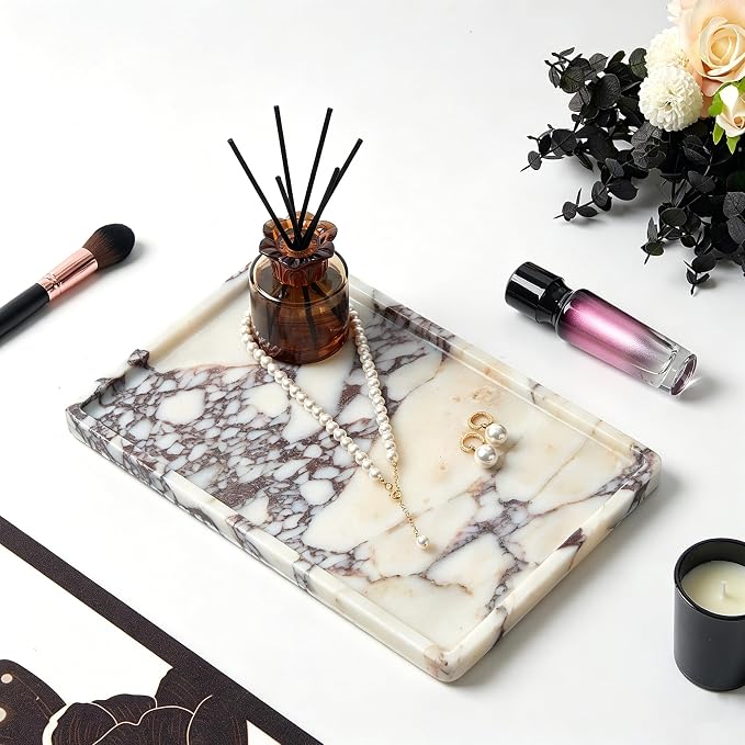 Luxury Natural Rectangle Marble Tray – 11.8 x 7.8-Inch Calacatta Viola Stone Vanity Tray, Large Catchall Organizer for Jewelry Perfume Keys, Decorative Tray for Bathroom Coffee Table & Dresser