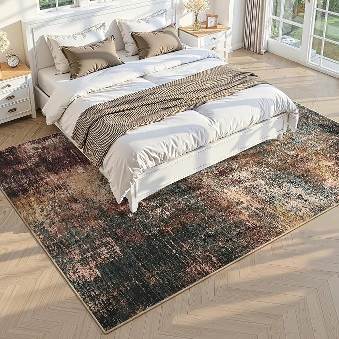 Toneed Washable 5x7 Area Rug with Non-Slip Backing for Living Room | Abstract Modern Rugs, Soft Low Pile Carpet for Bedroom Kitchen Dining Room Nursery Indoor Floor Home Decor, Dark Earthy Tone