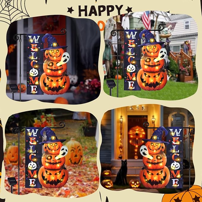 Halloween Lighted Garden Flag, Solar Weclome Pumpkin Yard Flag for Outside, 8 Modes Double Sided Welcome Halloween Pumpkin Outdoor Decorations for Home Porch