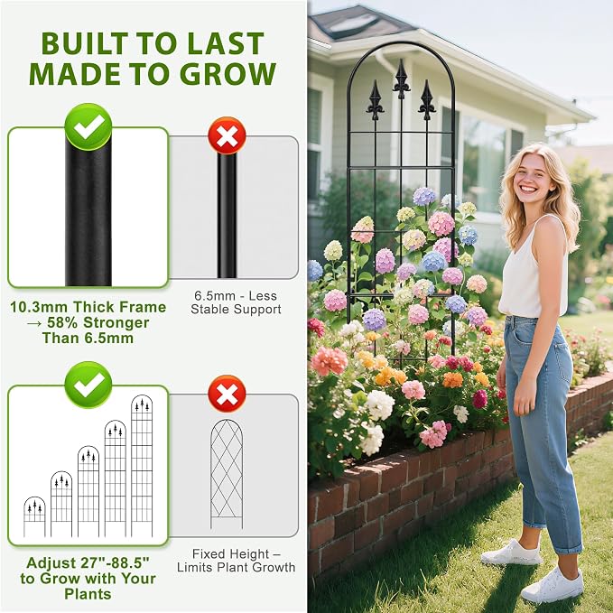 2 Pack 57.8" H x13 W Garden Trellis for Climbing Plants Outdoor, Rustproof Arched Metal Rose Trellis for Outdoor Indoor Roses Clematis Potted Climbing Plants Vines Flowers Decorative, Black