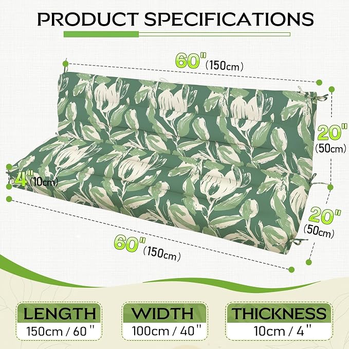 Outdoor Swing Cushion with Backrest, Tie Straps & Memory Foam - Replacement for Porch Bench 2/3 Seater, Oxford Fabric (Tulip Green, 60 INCH × 40 INCH)