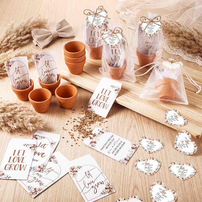 Reallnaive 24 Sets Wedding Favor Flower Seeds Let Love Grow Seed Packets for Guests Family Reunion Wildflower Mini Terracotta Pots Seed Packets Self Adhesive Envelopes Thank You Tags Organza Bags